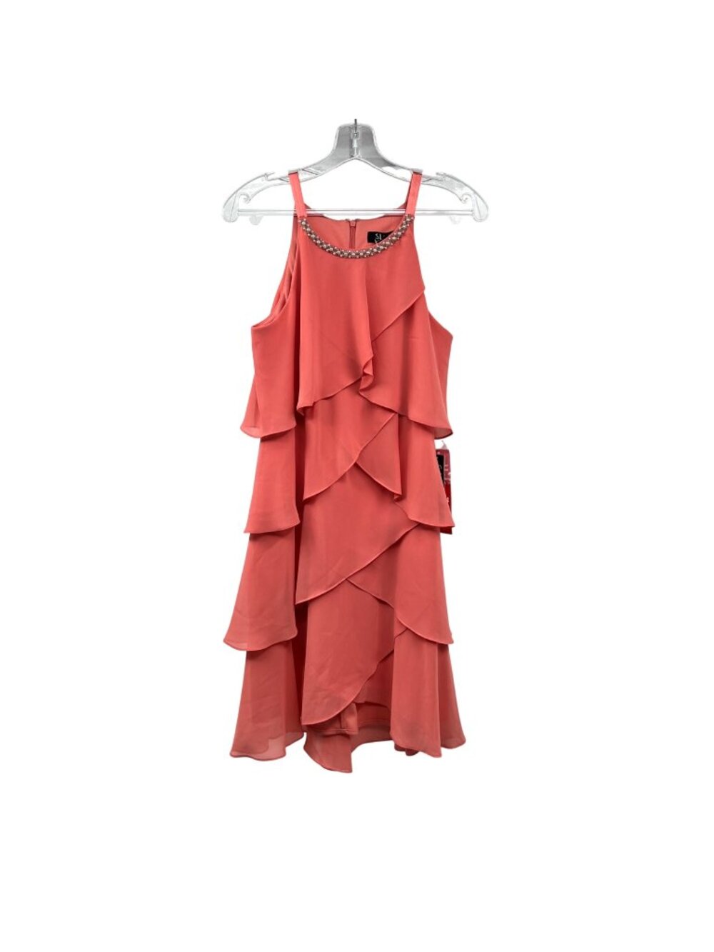 S.L. Fashions Ruffle Tired Halter Dress Pearl Neck Peach Womens Size 6 New